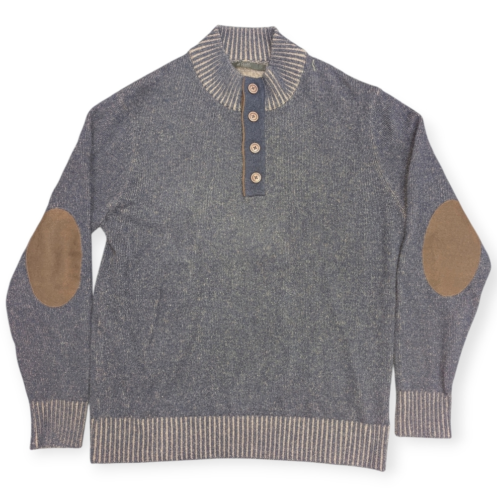 Raffi Navy Wool & Cashmere Quarter-Button Pullover With Suede Elbow Patch Men's